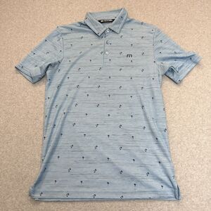 Travis Mathew Polo Shirt Mens Small Blue Palm Tree All Over Performance Golf